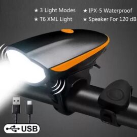 ONTRACK 2-in-1 USB Rechargeable Bicycle/Bike Horn LED Front Light (3 modes) (Black, Orange)