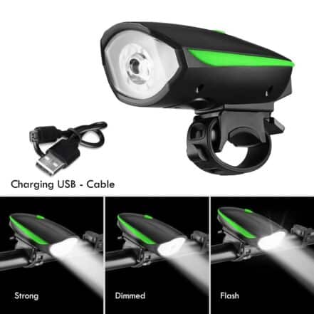 ONTRACK 2 in 1 USB Rechargeable Bicycle Horn LED Front Light (3 modes) (Black, Green) (3)