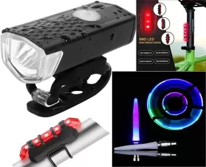 ONTRACK LED Cycle Front Light with Tail Light and LED Tyre Valve Lights (Multicolor) (Pack of 1 Front Light, 1 Back Light & 2 Valve Lights) (1)
