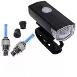 OnTrack USB Rechargeable Bicycle LED Headlight (Black) & Tyre Lights (Blue) (Pack of 1 Headlight & 2 Valve Lights)
